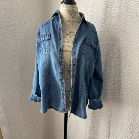 Bit & Bridle Denim Button-Up Western Shirt With Snap Closures & Chest Pockets - Picture 2 of 5